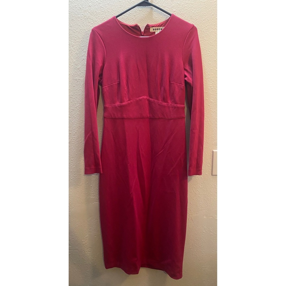 Boden Sheath Dress Womens 6L Pink Long Sleeve Midi Stretch Crew Neck Excellent